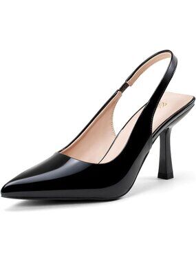 Women's Black PU Slingback Kitten Heel Pointed Toe Stiletto Pumps Slip on Shoes